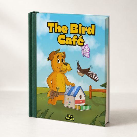 Photorealistic hardcover book mockup of The Bird Café by Hex Builds