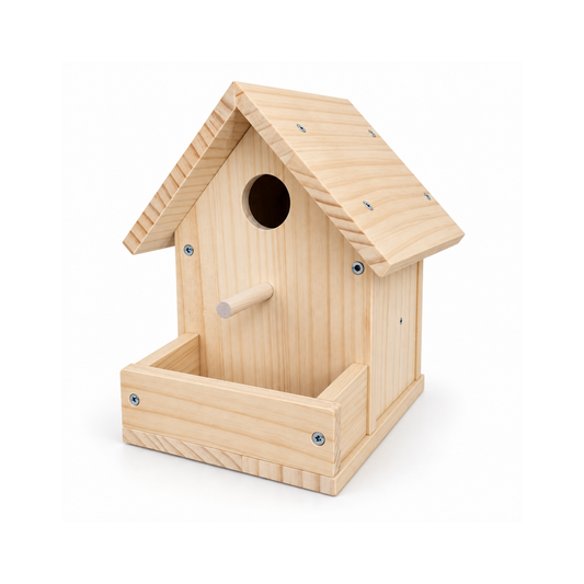 Complete unfinished pine Bird Café prototype with birdhouse, perch and feeding tray on white