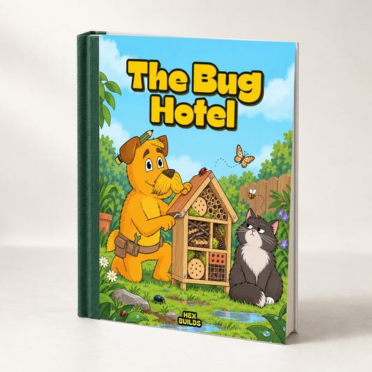 Photorealistic hardcover book mockup of The Bug Hotel by Hex Builds