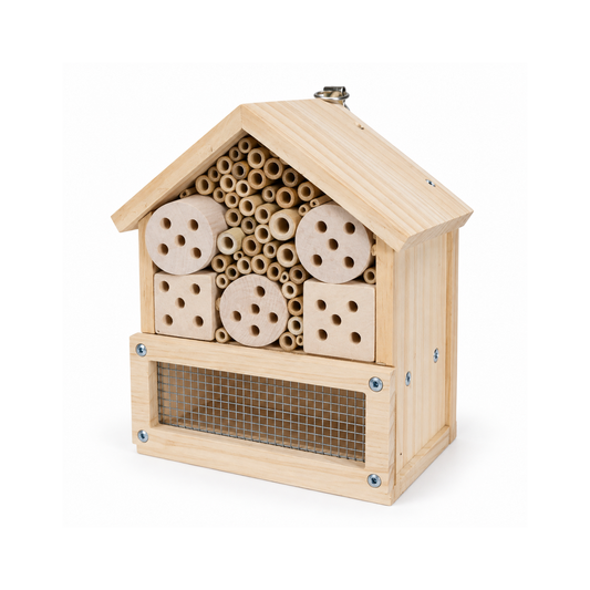 Complete unfinished pine Bug Hotel prototype filled with drilled nesting blocks and bamboo on white