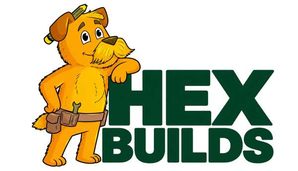 Hex Builds logo with the new Hex character leaning on the bold wordmark