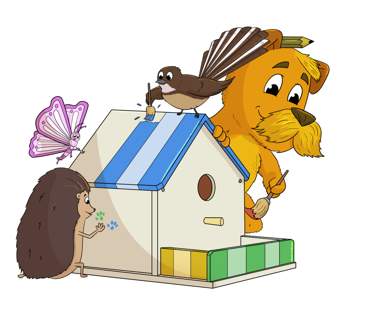 Hex, Frankie, Dot and woodland friends painting a birdhouse together