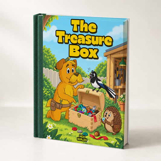 Photorealistic hardcover book mockup of The Treasure Box by Hex Builds