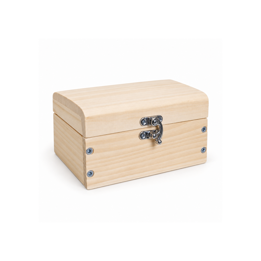 Complete unfinished pine Treasure Box prototype with curved lid and silver hook latch on white
